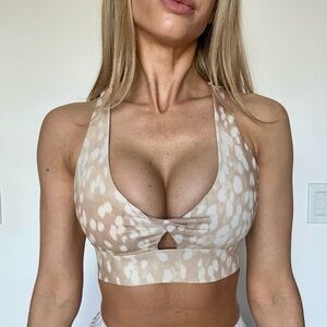Fabletics Beige Animal Print Plunge Sports Bra